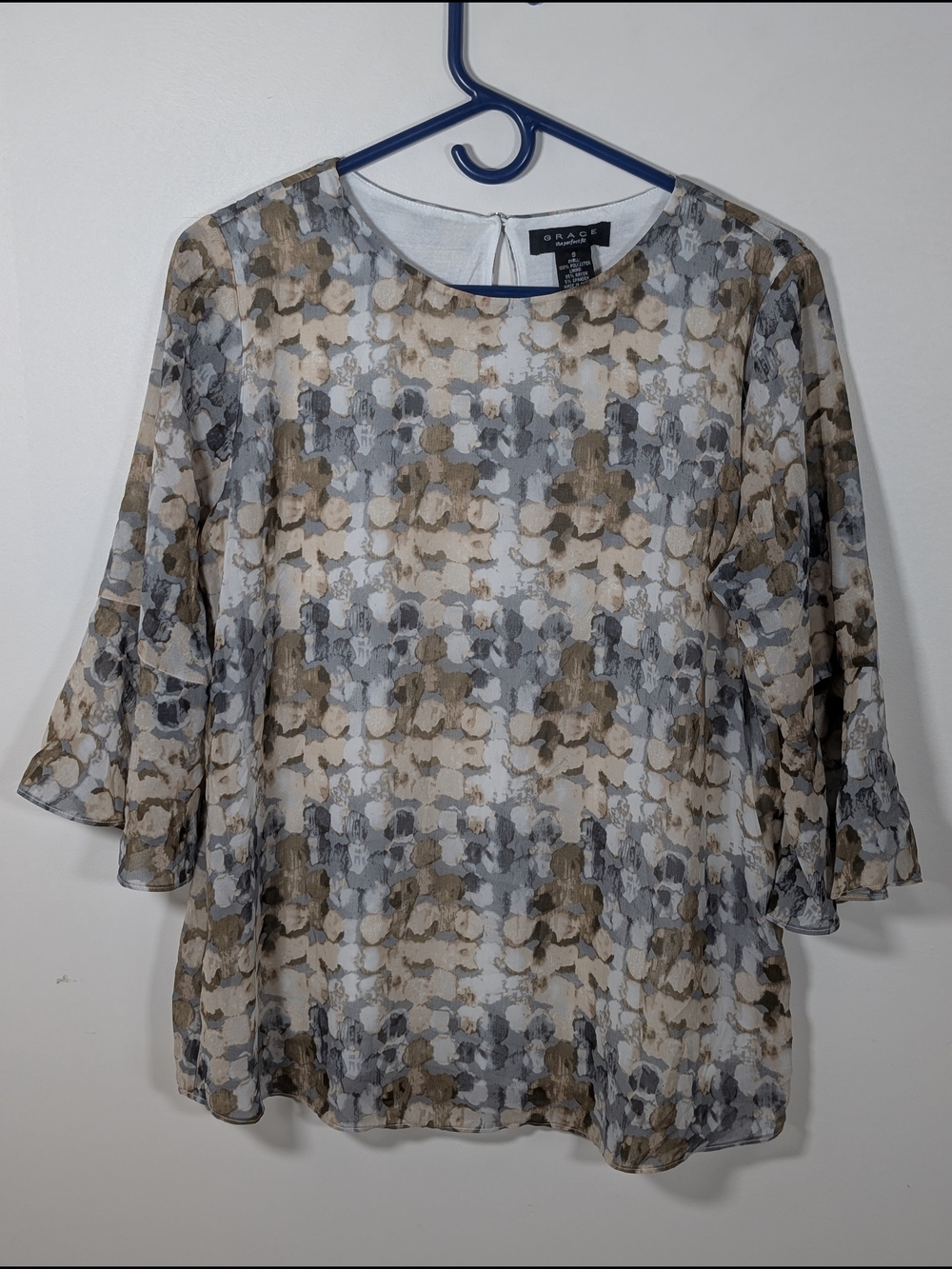 Grace Elements Sheer Printed Blouse in Gray and Tan